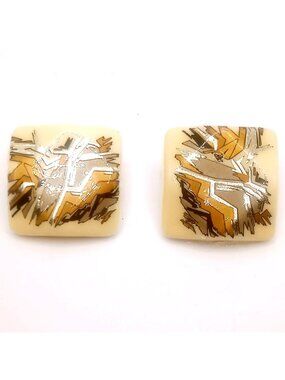 Vintage Pierced Earrings Cream Thermoset with Gold Silver Foil Inlay Retro